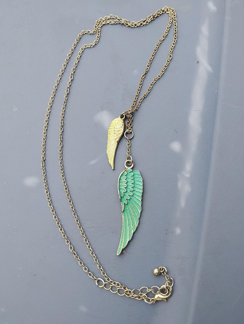 Gold Chain Necklace with Green and Gold Wing Charms - Women Jewelry